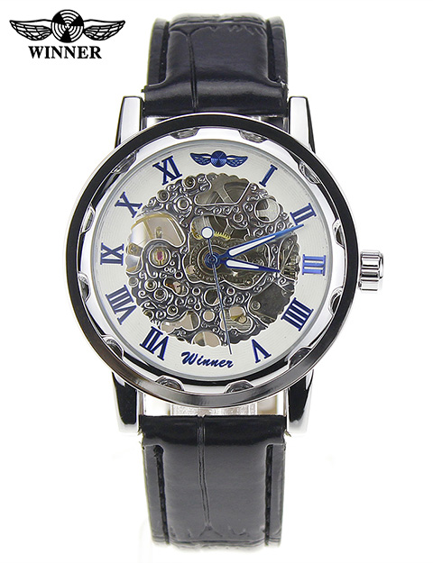 8(499)9387578 Купить (winner) механические часы winner skeleton ,черный ремешок-серебристый корпус-белый+синие цифры от  - заказать