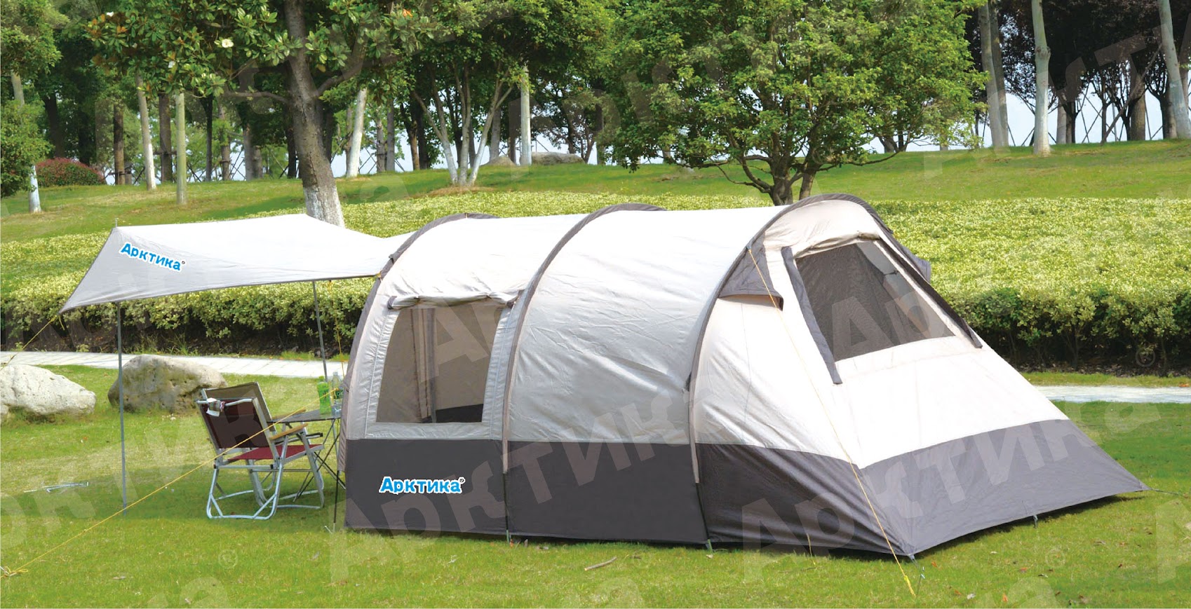8(499)9387578 Купить палатка 6 местная 350x220x160см с большим тамбуром и навесом серая от  - заказать