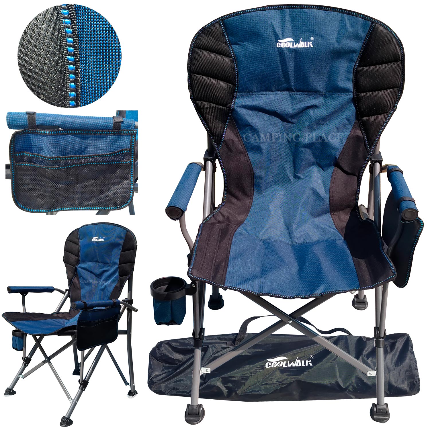 8(499)9387578 Купить кресло складное с подлокотниками, подстаканником и сумкой 53х40х100см coolwalk синее от 4 755 руб. - заказать