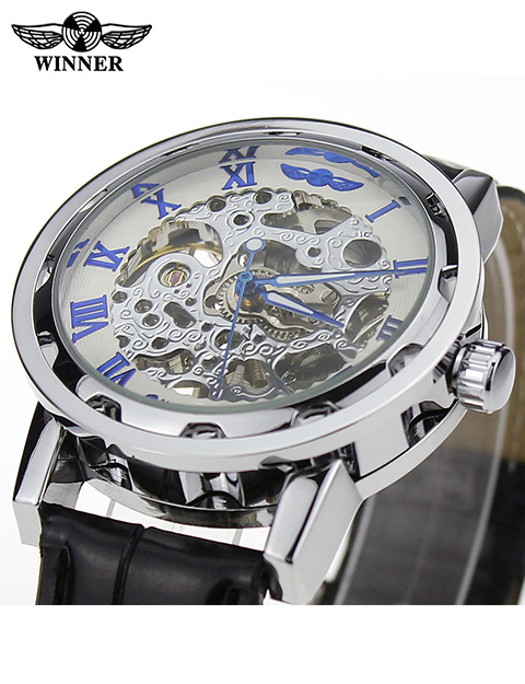 8(499)9387578 Купить (winner) механические часы winner skeleton ,черный ремешок-серебристый корпус-белый+синие цифры от  - заказать