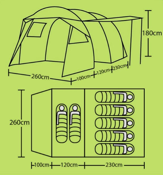 8(499)9387578 Купить палатка 5-7 местная 260*450*180см с большим тамбуром бежевая от  - заказать