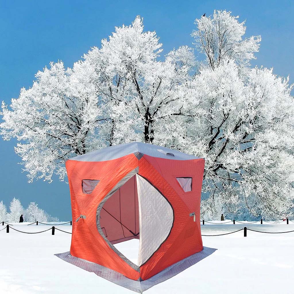 8(499)9387578 Купить палатка - куб зимняя автоматическая, 3 слойная, хлопковая, утеплённая, для рыбалки на льду оранжевая 200х200х215см от 15 970 руб. - заказать