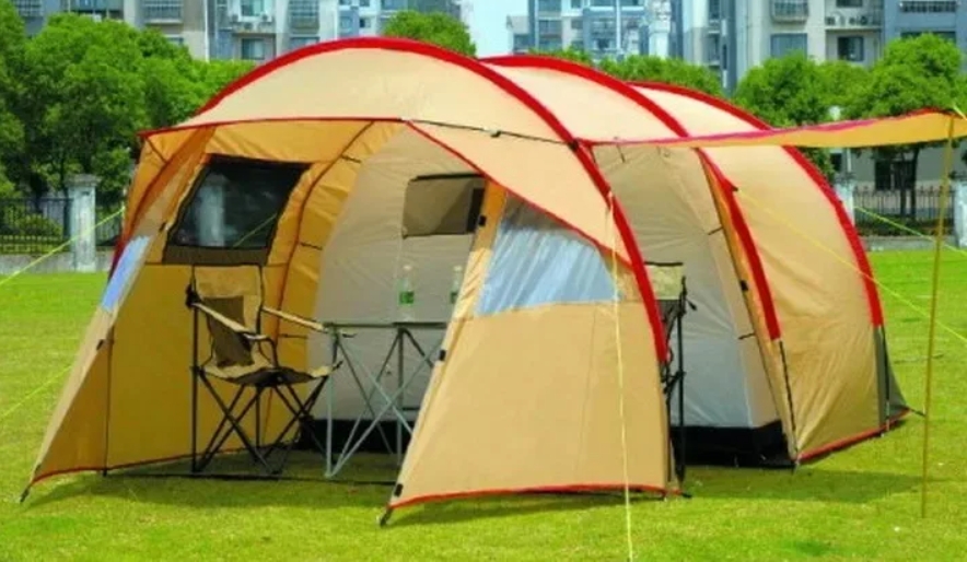 8(499)9387578 Купить палатка 5-7 местная 260*450*180см с большим тамбуром бежевая от  - заказать