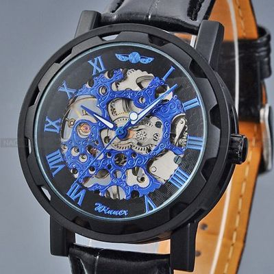 8(499)9387578 Купить (winner) механические часы winner skeleton ,черный ремешок- черный корпус- синие цифры от  - заказать